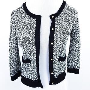 Monteau Sweater Cardigan Knit Black White Gold Metallic Small 3/4 Sleeves Fancy